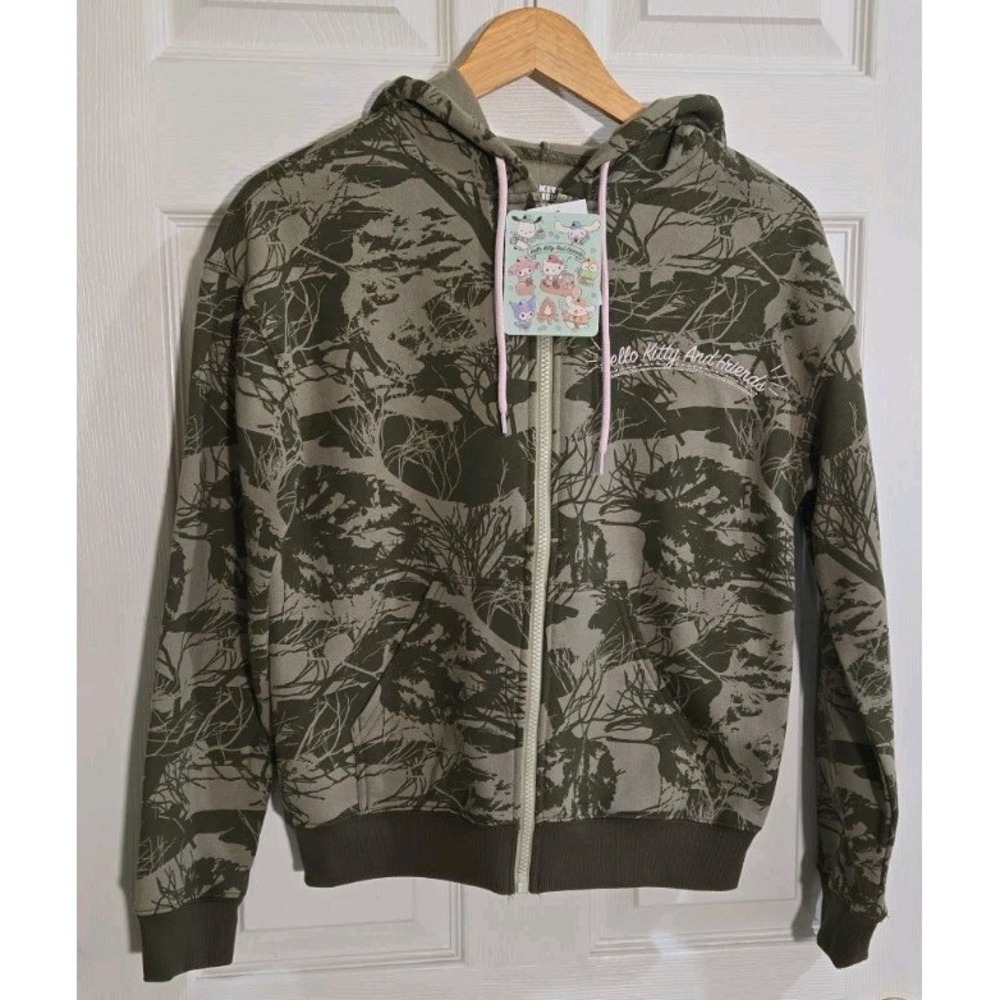 Hello Kitty & Friends Sweatshirt XS Olive Green Zip Up Graphic Fleece Lined NEW